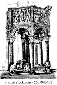 The Pulpit of the Baptistry is the earliest authenticated work by the artist, vintage line drawing or engraving illustration.