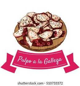 Pulpo a la gallega colorful illustration. Vector illustration of Spanish cuisine.