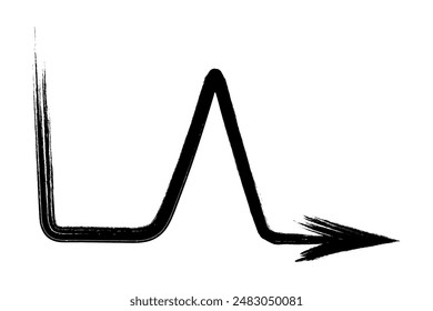 Pulsating arrow. Sketch. The black arrow is bent and directed to the right. Hand drawn sign. Vector illustration. Directional signs made from brush strokes. Outline on isolated white background. 