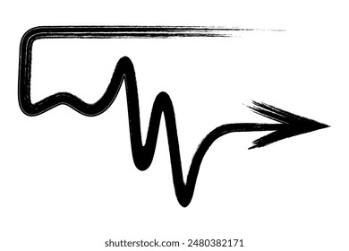 Pulsating arrow. Sketch. The black wavy arrow is directed from left to right. Hand drawn oscillating sign. Vector illustration. Directional signs made from brush strokes. Doodle and grunge style. 