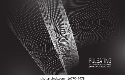 Pulsating monochrome background design with vibrating flow of dots and lines. Abstract quantum background for banner, flyer or poster.