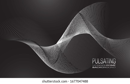 Pulsating monochrome background design with wave flow of dots and lines. Abstract futuristic background for banner, flyer or poster.