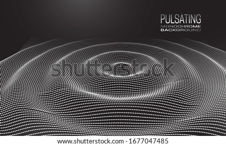 Pulsating monochrome background design with wavy ripple of dots and lines. Abstract cyberspace background for banner, flyer or poster.