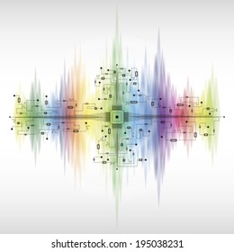 Pulsating rainbow pastel colors and techno elements.
