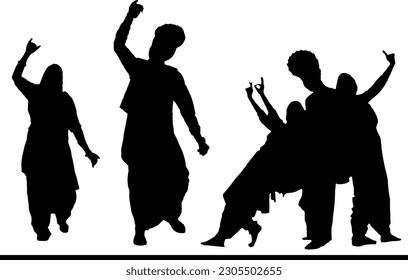 "Pulsating Rhythms: Bhangra and Giddha Silhouette Illustration in Motion, Dynamic Cultural Dance: Silhouette Art of Bhangra and Giddha