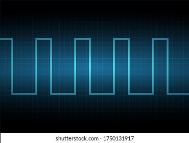 Pulsating signal on the oscilloscope monitor. The voltage waveform. A sound wave of light on a dark background. Turquoise color. Stock vector illustration.