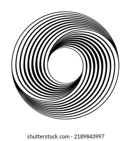 Pulsating spherical graphic constructed from a series of lines. Black, white lines sign, symbol, icon, logo. Monochrome graphic design. Dynamic waves concept. Abstract background, line art patter