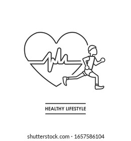 Pulse of an athlete. Image of a heart with an icon of a person running. Sports image. Line and stroke icon.