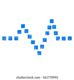 Pulse Chart grainy textured icon for overlay watermark stamps. Flat symbol with dirty texture. Dotted vector blue ink rubber seal stamp with grunge design. Designed with square dots.