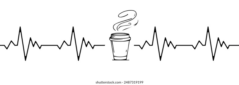 Pulse And Coffee one line art vector illustration cartoon flat design modern style