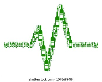 Pulse collage of alcohol bottles and round bubbles in different sizes and green colors. Vector objects are united into pulse collage. Bottle vector illustration.