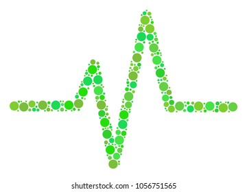 Pulse collage of filled circles in different sizes and green color tones. Vector dots are united into pulse composition. Ecology vector illustration.