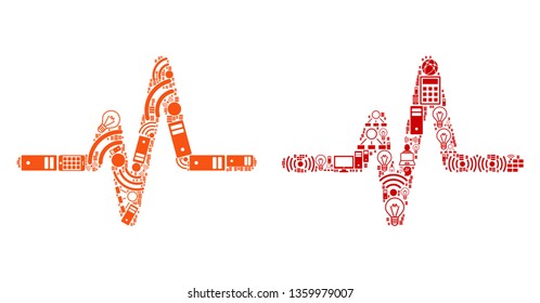 Pulse composition icons constructed for bigdata purposes. Vector pulse mosaics are united from computer, calculator, connections, wi-fi, network icons into abstract patterns. Usual and red colors.