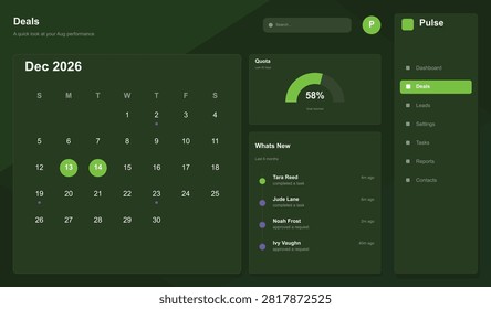 Pulse dashboard ui kit offers data visualization tools calendar insights recent activity feed and performance metrics for business intelligence applications.