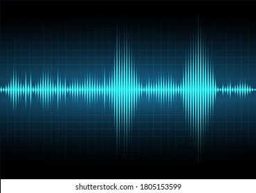 The pulse earthquake. Frequency of the blue sound wave. Earthquake graph. Stock vector illustration on dark grid background. 