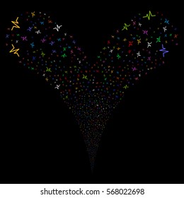 Pulse fireworks stream. Vector illustration style is flat bright multicolored iconic symbols on a black background. Object double fountain organized from random pictograms.