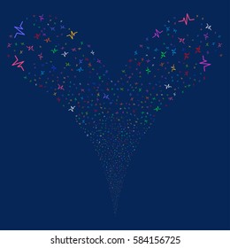 Pulse fireworks stream. Vector illustration style is flat bright multicolored iconic symbols on a blue background. Object double fountain combined from random icons.