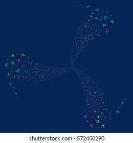 Pulse fireworks swirl rotation. Vector illustration style is flat bright multicolored iconic symbols on a blue background. Object whirlpool done from random symbols.