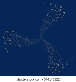 Pulse fireworks swirl rotation. Vector illustration style is flat yellow iconic symbols on a blue background. Object spiral organized from random icons.