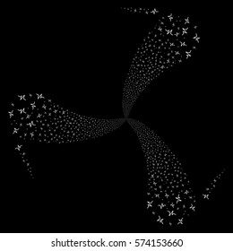 Pulse fireworks swirl rotation. Vector illustration style is flat white iconic symbols on a black background. Object whirl organized from random icons.