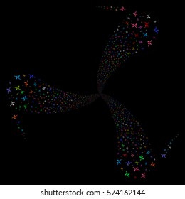 Pulse fireworks swirl rotation. Vector illustration style is flat bright multicolored iconic symbols on a black background. Object spiral organized from random design elements.