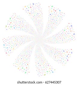 Pulse fireworks swirl rotation. Vector illustration style is flat bright multicolored iconic symbols on a white background. Object flower constructed from random symbols.