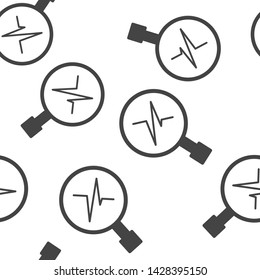 Pulse and glass magnifier vector illustration. Heartbeat symbol of cardiology seamless pattern on a white background.