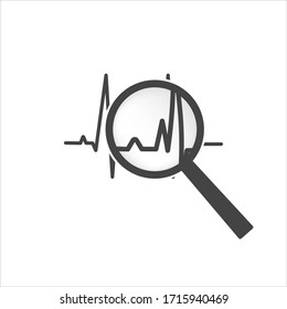 Pulse and glass magnifier vector illustration. Heartbeat symbol of cardiology on white isolated background. Financial business forecast chart.