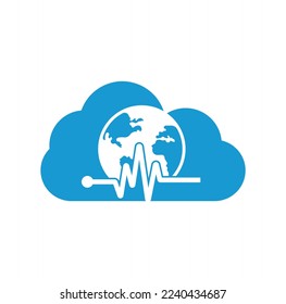 Icono de diseño del logotipo vectorial de la forma de la nube de pulso. Icono del globo terrestre con latido cardíaco.
