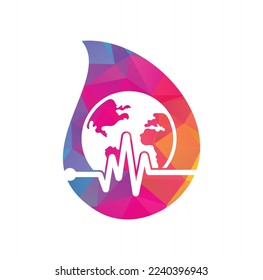 Icono de diseño del logotipo vectorial de la forma de caída del globo de pulso. Icono del globo terrestre con latido cardíaco.