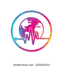 Pulse globe vector logo design icon. Pulse Cardiogram and Globe Icon Vector Logo. Earth globe icon with heart beat.