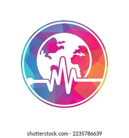 Pulse globe vector logo design icon. Pulse Cardiogram and Globe Icon Vector Logo. Earth globe icon with heart beat.