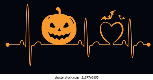 The pulse of the Halloween party in orange on a black background with a pumpkin and bats