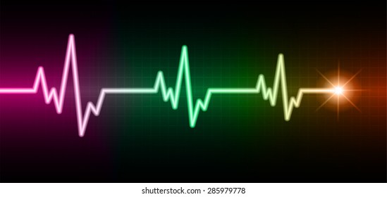 pulse heart glossy web icon on dark purple green orange background. Light Abstract Technology background for computer graphic website and internet. spark, sparkle. infographics.