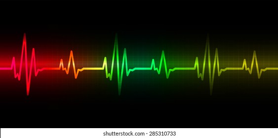 pulse heart glossy web on dark red green yellow background. Light Abstract Technology background for computer graphic website and internet.