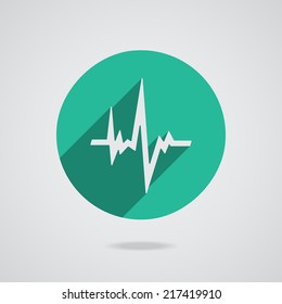 Pulse heart rate white icon in flat style with long shadow. Green button on white background. Vector illustration EPS10