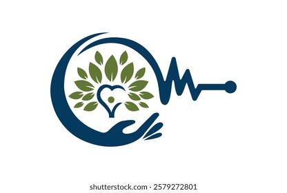 pulse heart shape concept logo human tree vector logo design