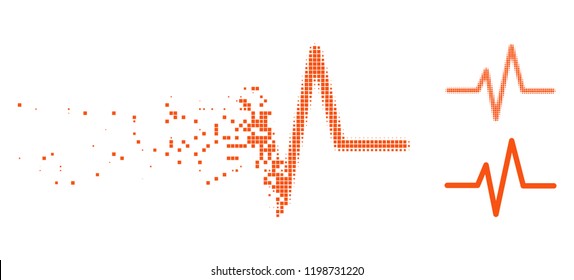 Pulse icon in disappearing, pixelated halftone and undamaged solid variants. Particles are grouped into vector dispersed pulse pictogram. Disappearing effect uses rectangle particles.