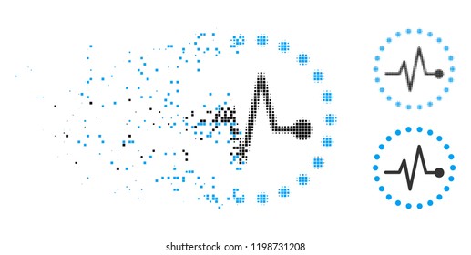 Pulse icon in dissolved, dotted halftone and undamaged solid variants. Elements are arranged into vector dissipated pulse shape. Disintegration effect involves rectangular particles.