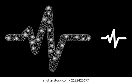 Pulse icon and glowing net mesh pulse model with glossy light spots. Illuminated model generated using pulse vector icon and polygonal mesh. Illuminated frame pulse, on a black background.