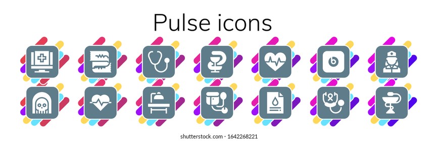 pulse icon set. 14 filled pulse icons. Included Medical, Death, Cardiogram, Stethoscope, Operating table, Pharmacy, Sphygmomanometer, Blood test, Beats pill, Nurse icons