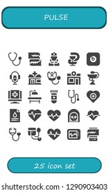  pulse icon set. 25 filled pulse icons. Simple modern icons about  - Stethoscope, Cardiogram, Nurse, Pharmacy, Beats pill, Voice recorder, Medical, Operating table, Blood test