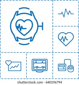 Pulse icon. set of 6 pulse outline icons such as heartbeat, blod pressure tool, heartbeat watch