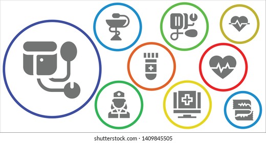 pulse icon set. 9 filled pulse icons.  Collection Of - Sphygmomanometer, Pharmacy, Blood pressure, Nurse, Medical, Blood test, Cardiogram