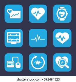 pulse icon. Set of 9 filled pulse icons such as heartbeat, blod pressure tool, heartbeat search, heartbeat watch