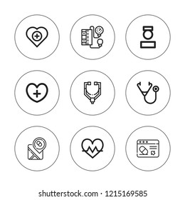 Pulse icon set. collection of 9 outline pulse icons with blood pressure gauge, cardiogram, health, healthcare, nurse, pharmacy, phonendoscope icons. editable icons.