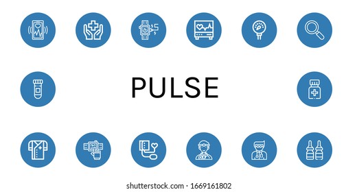 conjunto de iconos de impulso. Colección de Monitoreo Cardíaco, Salud, Smartwatch, Electrocardiograma, Presión, Activo, Doctor, Presión Sanguínea, Iconos del Medicamento