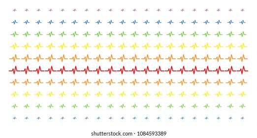 Pulse icon spectral halftone pattern. Vector objects organized into halftone array with vertical rainbow colors gradient. Designed for backgrounds, covers, templates and abstraction effects.