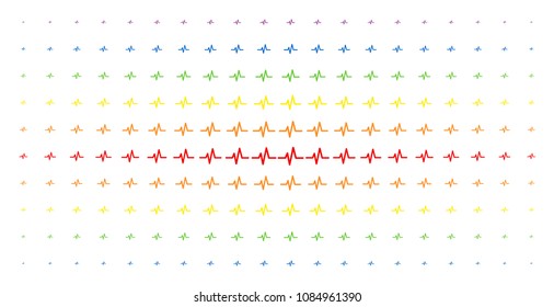 Pulse icon spectrum halftone pattern. Vector pulse pictograms are arranged into halftone array with vertical rainbow colors gradient. Constructed for backgrounds, covers,