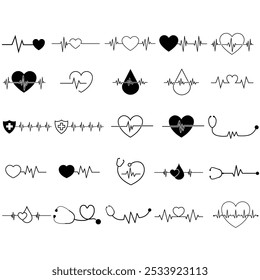 Ícone de pulso definido como vetor. Coleção de sinais de ilustração de pulsação. Símbolo de ritmo cardíaco. Logo da cardiologia.